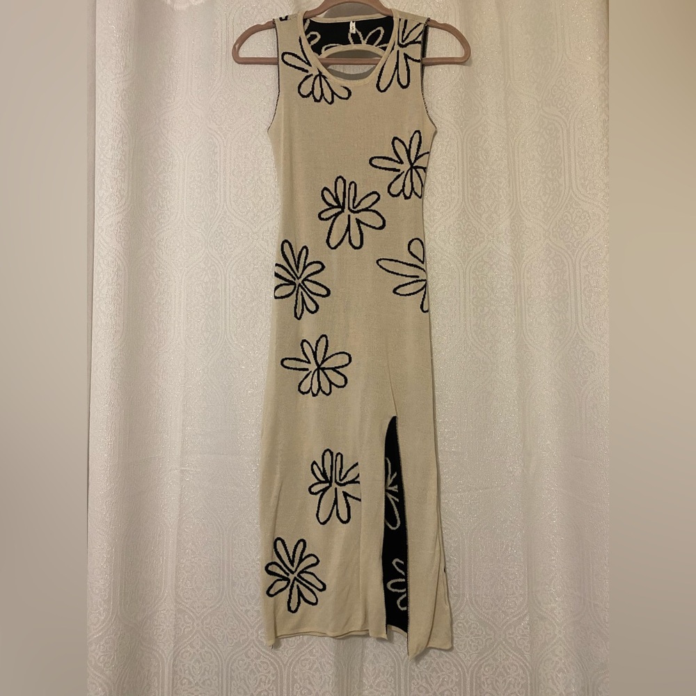 Beige and black floral knit dress